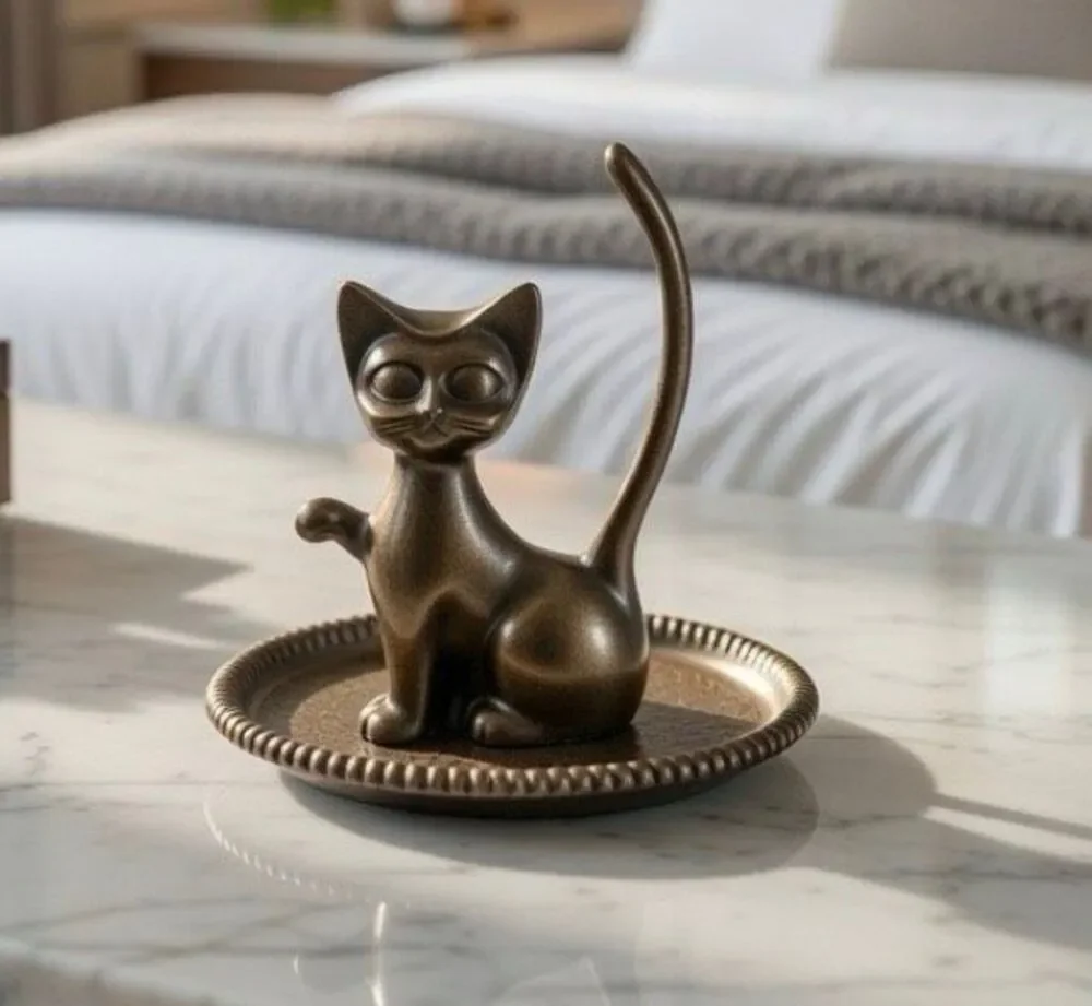 Vintage 1970s Silver Plated Kitten KITTY Cat Ring Holder Jewelry 3.5
